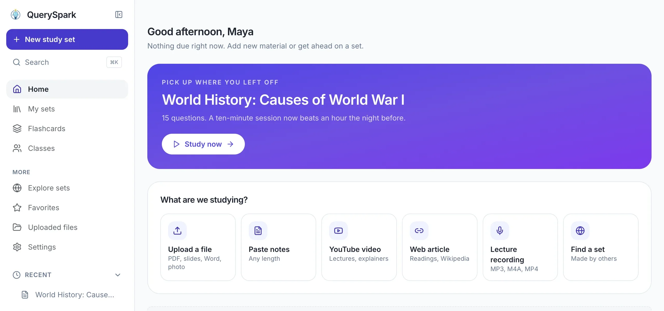 The QuerySpark home screen with options to upload a file, paste notes, add a YouTube video, a web article or a lecture recording