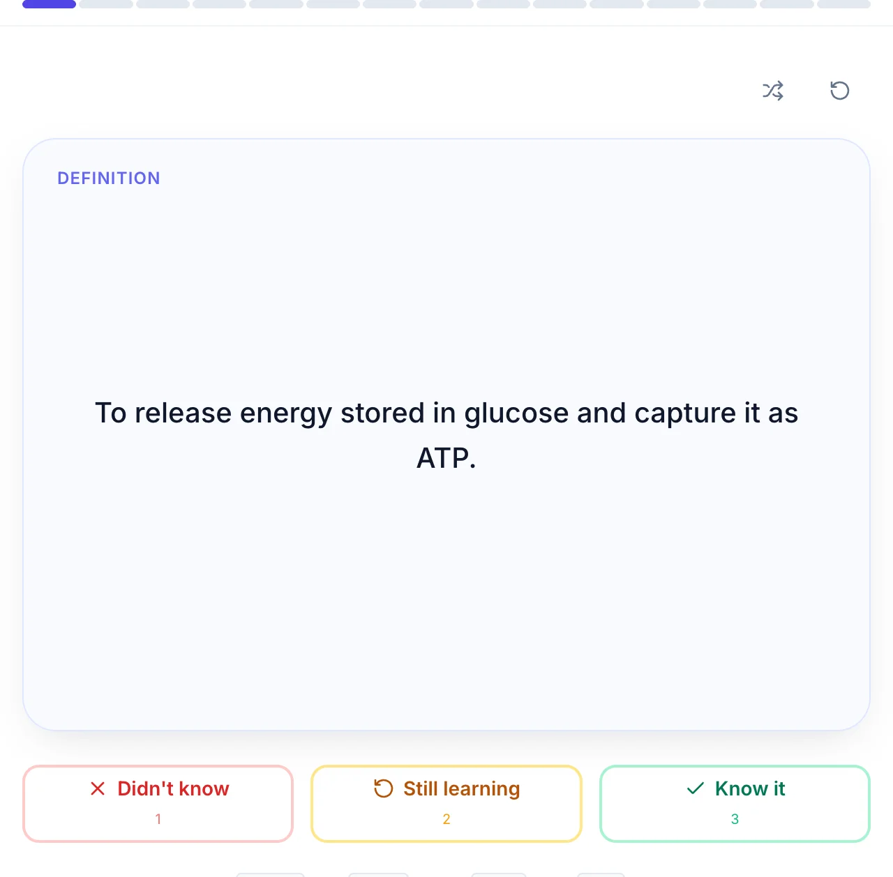 A flashcard showing a definition with Didn't know, Still learning and Know it buttons