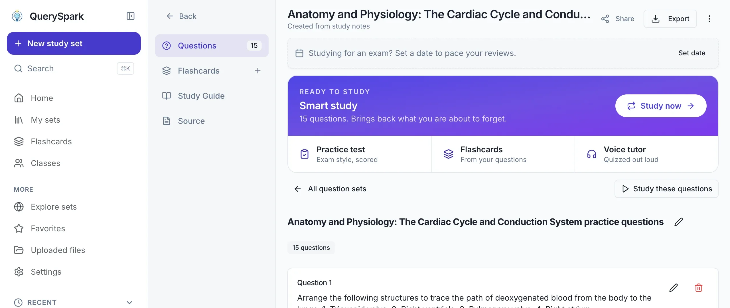 A QuerySpark study set on the cardiac cycle with its questions, flashcards, study guide and an Export button